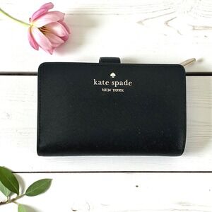 Kate Spade Black Saffiano Compact Wallet Zip Coin Card Case Minimalist Chic